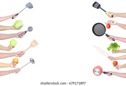 Chef Tools With Fruits And Vegetables On Copy Space White Isolate Background