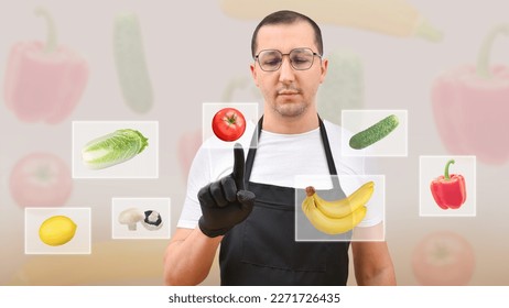 The chef touches the products on the virtual screen. Wireless connection technology. The concept of cooking, healthy eating - Powered by Shutterstock