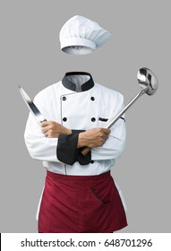 Chef Uniform With Hand Hold On Knife And Ladle Isolated On Grey Background