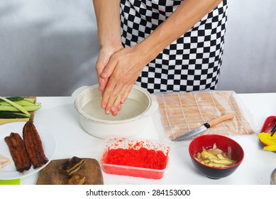 Chef Wash Hands Before Preparing Cooking Japanese Sushi