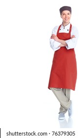 Chef Woman.  Isolated Over White Background. Gourmet.