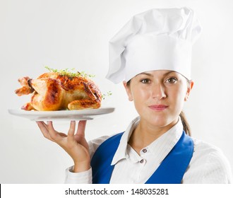 Chef Woman Showing  Plate With Chicken