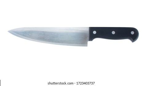 Chef's kitchen knife with black handle isolated on white background with clipping path.