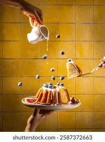 Chefs are pouring icing and serving a slice of delicious blueberry bundt cake decorated with grapefruit against a yellow tiled wall