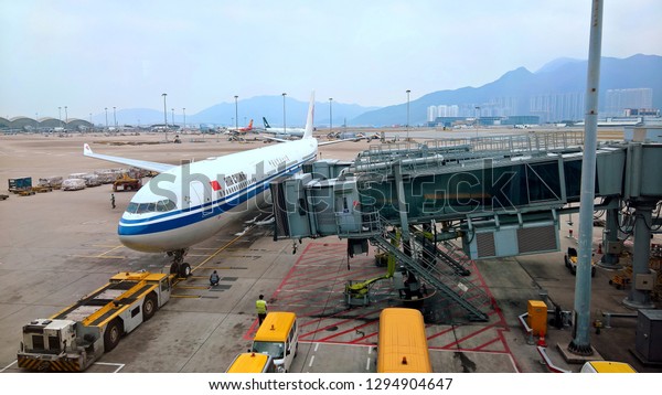 Chek Lap Kok Airport, HONG KONG - NOV 2018 :\
Airplane Tugs, Machine for push back the aircraft to taxiway in\
ground handling services at Hong Kong International Airport, Hong\
Kong. - Image \
\
