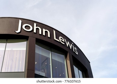 CHELMSFORD, ENGLAND 7TH NOVEMBER 2017 - Exterior sign of the famous high street shopping chain John Lewis in daylight  