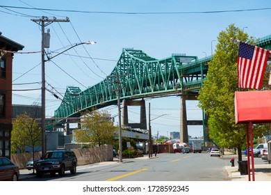 CHELSEA, MA, USA - MAY 9, 2019: Tobin Memorial Bridge Aka Tobin Bridge Is A Cantilever Truss Bridge Spans On Mystic River Between Boston And Chelsea In Massachusetts MA, USA. 