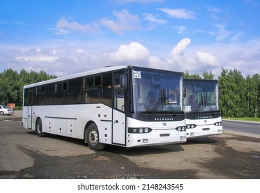 Chelyabinsk Region, Russia - July 7, 2007: Brand New Coach Buses Volzhanin 5270 At An Intercity Road.