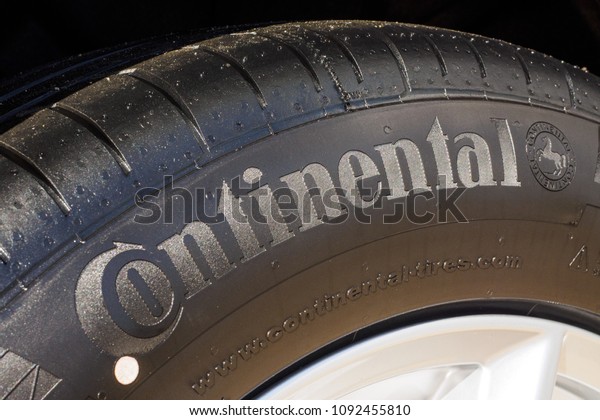 CHELYABINSK, RUSSIA - 01 May 2018: Close up\
image on Continental tyre. Continental based in Hanover, is a\
leading german automotive manufacturing company specialising in\
tires and brake\
systems.