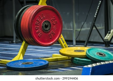 Chelyabinsk, Russia - July 17, 2015: Barbell Weight Plates Discs during National championship powerlifting, bench press and deadlift