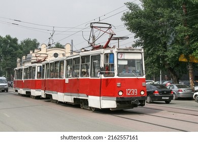 Chelyabinsk, Russia - July 2, 2008: Bright Red Soviet Tram 71-605 (KTM-5) In A City Street.