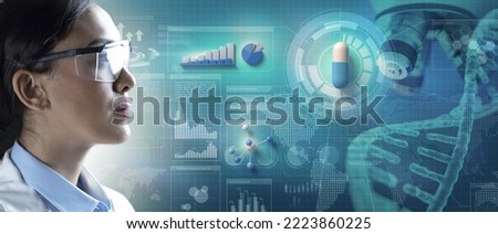 Chemical analyst looking at medical capsule in a scientific background with charts, diagrams and data. Pharmaceutical industry research and development.