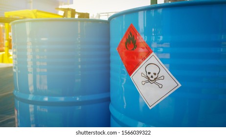 Chemical Barrels Tank With A Warning Label In Chemical Factory