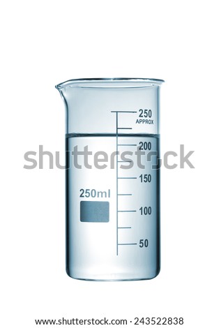Chemical beaker with a solution, laboratory glassware, isolated on white background, studio shot