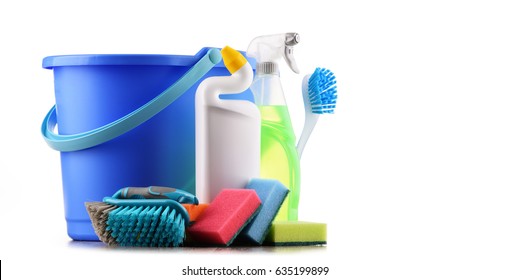 Chemical Cleaning Supplies Isolated On White.