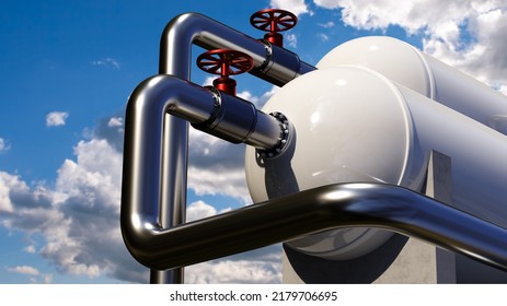 Chemical equipment. Tanks for storage chemical products. Steel pipes on background of sky. Chemical fertilizer storage equipment. White tanks on concrete support. Pipeline with red valves.  - Shutterstock ID 2179706695
