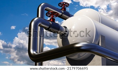 Chemical equipment. Tanks for storage chemical products. Steel pipes on background of sky. Chemical fertilizer storage equipment. White tanks on concrete support. Pipeline with red valves. 