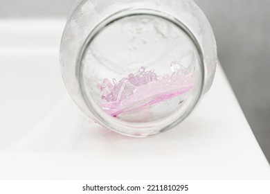 Chemical Experiment On Growing Crystals. Crystal Grown In A Jar.