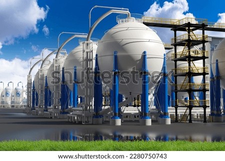 Chemical factory. Hydrogen gas storage tanks. Spherical storage for chemical products. Industrial equipment under blue sky. ASME technology. Hydrogen production. Storage h2. 