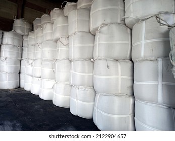 Chemical Fertilizer Urea Stock Pile Jumbo-bag In A Warehouse Waiting For Shipment.