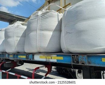 Chemical Fertilizer Urea Stock Pile Jumbo-bag In A Warehouse Waiting For Shipment.