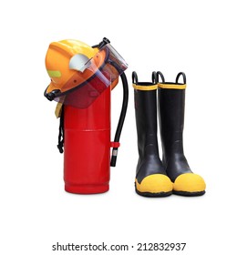 Chemical Fire Extinguisher, Helmet And Shoes Safety Through The Use Of Firefighters In Thailand Isolated On White Background 