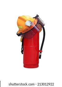 chemical fire extinguisher and safety helmet through the use of firefighters in thailand isolated on white background 
