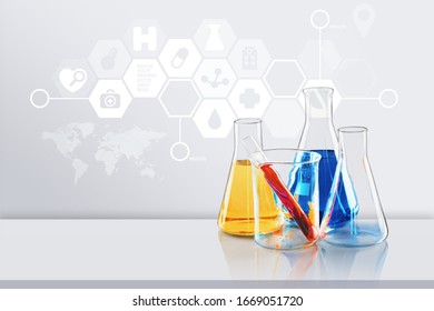 Chemical flask, test tubes and glassware on the desk. - Shutterstock ID 1669051720