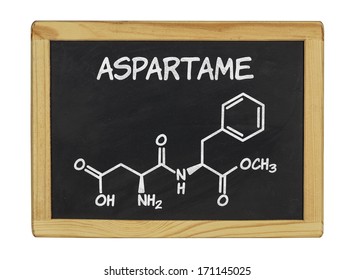 chemical formula of aspartame on a blackboard