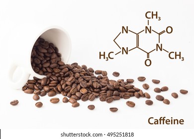 Chemical formula of Caffeine with roasted coffee spill out of cup on white background. - Shutterstock ID 495251818