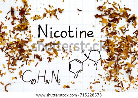 Chemical formula of Nicotine with spilled tobacco. Close-up.