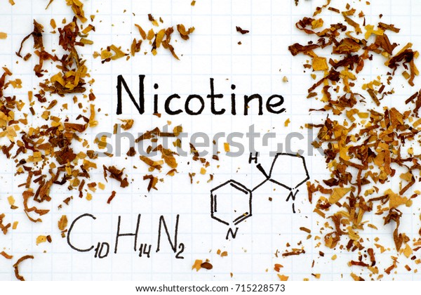 Chemical formula of Nicotine with spilled\
tobacco. Close-up.