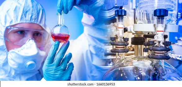 Chemical laboratory equipment. Bioreactor and chemist in a protective suit. Experiments in the field of Microbiology. Production of medicines. Pharmaceutical industry.