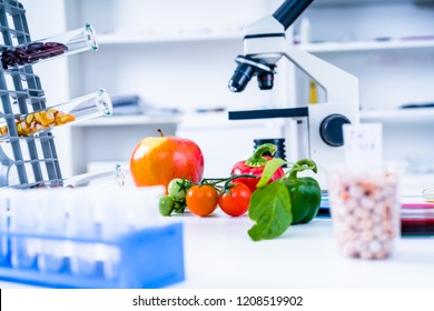 Chemical Laboratory Of The Food Supply . Food In Laboratory, Dna Modify .GMO Genetically Modified Food In Lab 