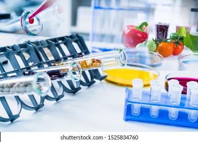 Chemical Laboratory Of The Food Supply . Food In Laboratory, Dna Modify .GMO Genetically Modified Food In Lab