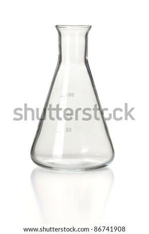 Chemical laboratory glassware, empty 100ml Erlenmeyer flask on reflective white