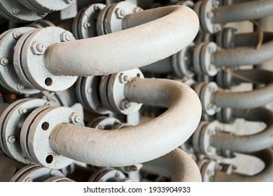 Chemical Plant Interior With Equipment. Part Of Double Pipe Heat Exchanger Or Hairpin Heat Exchanger With Longitudinal Fins, As An Example Of Simplest Form Just Pipe Inside Another Larger Pipe.