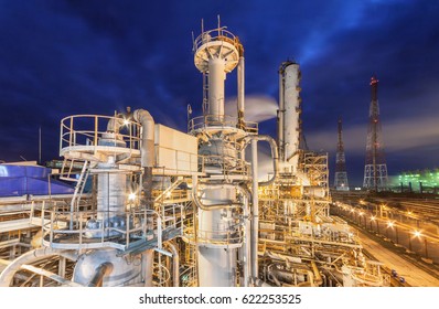 Chemical Plant For Production Of Ammonia And Nitrogen Fertilization On Night Time.