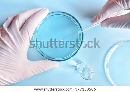  Chemical research in Petri dishes on blue background. Preparing plates in a microbiology laboratory. Inoculating plates. Vaccine ampoule. Top view. Natural light.
