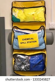 Chemical Spill Management Kit On Wall Of A Hospital To Deal With Emergencies. 