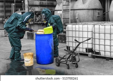 Chemical Spill Pollution Response Team In Action Recovery Stop Spill Of The Chemical Spill Pollution At Factory . Hazard Emergency Response Concept .