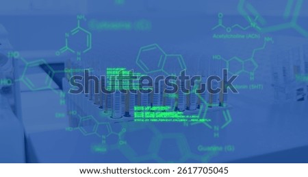 Chemical structures and data processing against bunch of test tubes at laboratory close up of. medical research and science technology concept