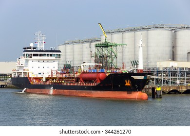 Chemical tanker moored in the Port of Rotterdam.