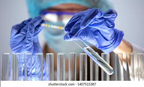 Chemist Checking Acidity Level In Blue Test Liquid With Litmus Paper, Control