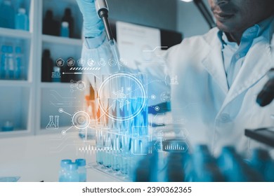 Chemist is chemically analyzing test tubes, Scientist is experimenting with chemicals in the laboratory, Chemist is separating compounds in test tubes with chemical reagents.
