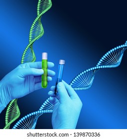 Chemist Hands Holding Test Tubes, DNA Helix Model Background