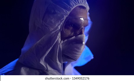 Chemist In Lab Costume Wearing Mask, Secret Manufacture Of Biological Weapon