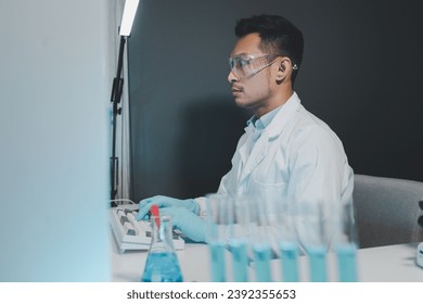 Chemist taking notes on research data, Scientist is working in the laboratory, Chemist is analyzing experimental results and taking notes in the laboratory, lab idea.