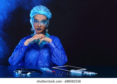 Chemistry Asian Doctor Woman With Fashion Make Up Fancy Lab Test Dress, Studio Lighting Black Dark Background, Safety Gear Hygiene Hat And Tube Glass