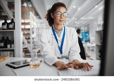 Chemistry, laptop and science with woman in laboratory for medical or pharmaceutical research. Computer, innovation and typing with scientist at work for analysis, development or experiment results - Powered by Shutterstock